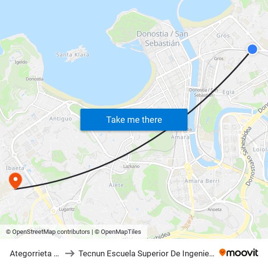 Ategorrieta 31 to Tecnun Escuela Superior De Ingenieros map
