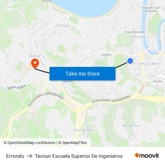 Errondo to Tecnun Escuela Superior De Ingenieros map