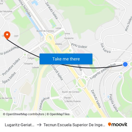 Lugaritz-Geriatrico to Tecnun Escuela Superior De Ingenieros map