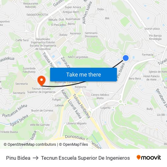 Pinu Bidea to Tecnun Escuela Superior De Ingenieros map