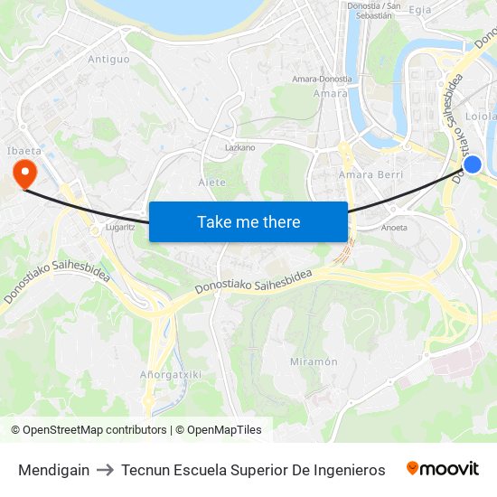 Mendigain to Tecnun Escuela Superior De Ingenieros map