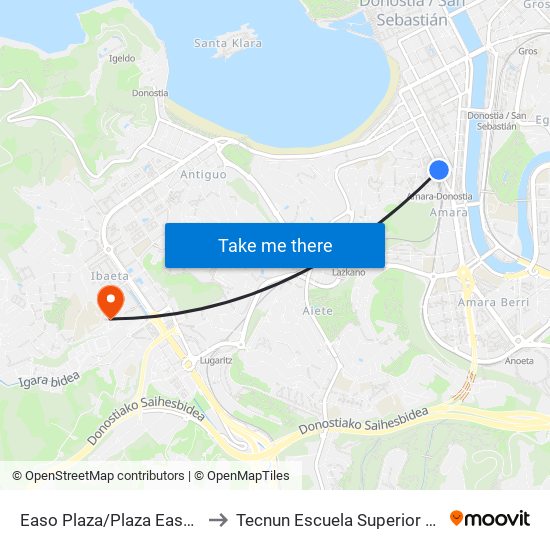 Easo Plaza/Plaza Easo (Donostia) to Tecnun Escuela Superior De Ingenieros map