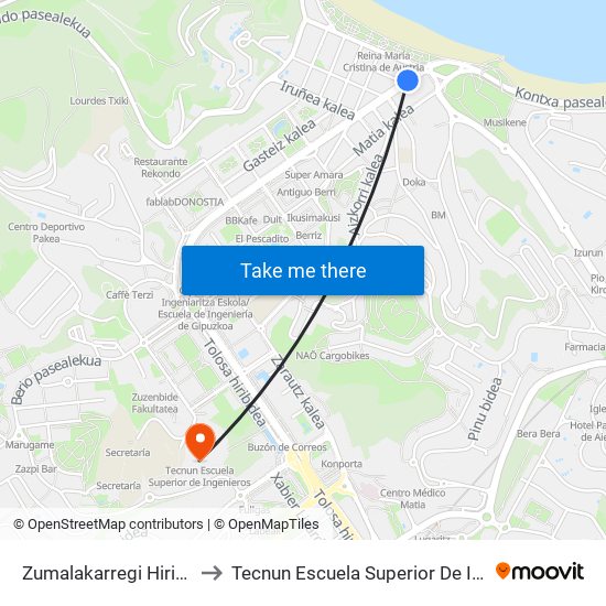 Zumalakarregi Hiribidea 4 to Tecnun Escuela Superior De Ingenieros map