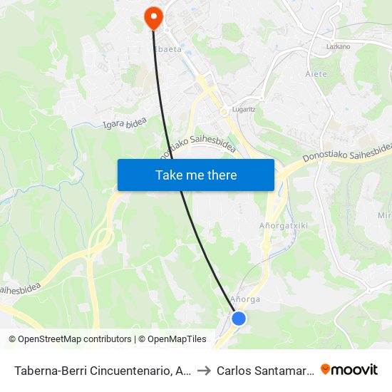 Taberna-Berri Cincuentenario, Aðorga (Donostia) to Carlos Santamaria Zentroa map