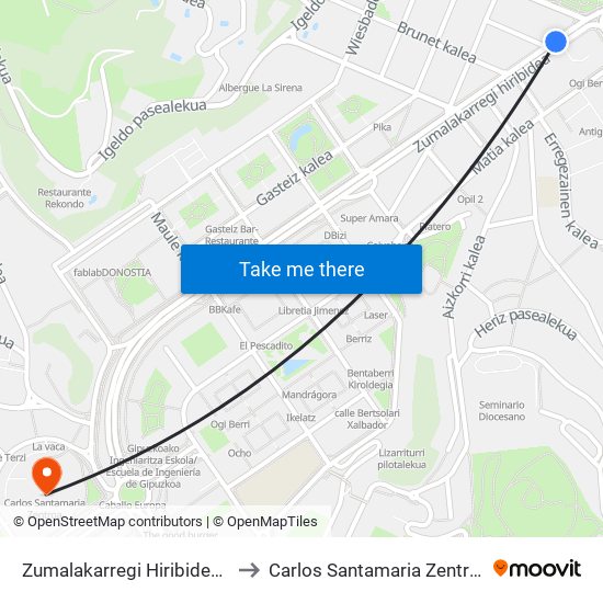 Zumalakarregi Hiribidea 4 to Carlos Santamaria Zentroa map