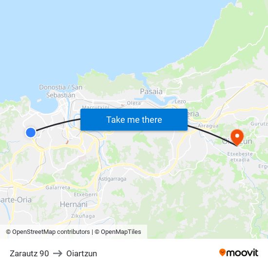 Zarautz 90 to Oiartzun map