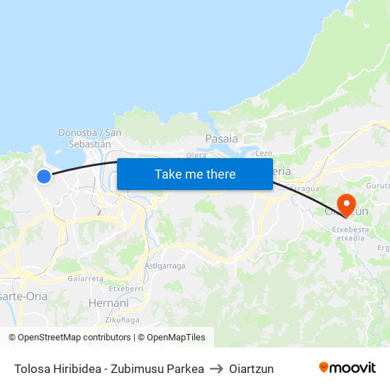 Tolosa Hiribidea - Zubimusu Parkea to Oiartzun map