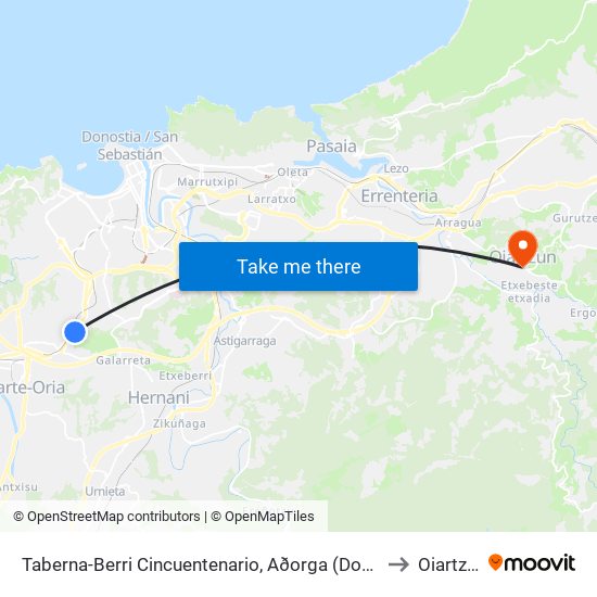 Taberna-Berri Cincuentenario, Aðorga (Donostia) to Oiartzun map