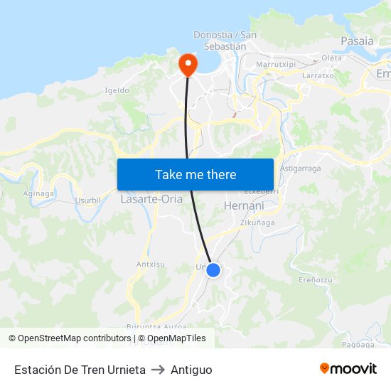 Estación De Tren Urnieta to Antiguo map
