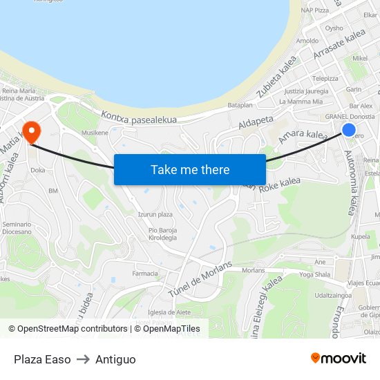 Plaza Easo to Antiguo map