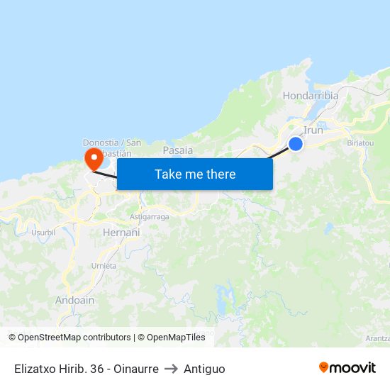 Elizatxo Hirib. 36 - Oinaurre to Antiguo map