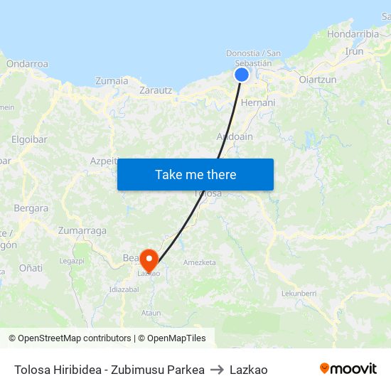 Tolosa Hiribidea - Zubimusu Parkea to Lazkao map