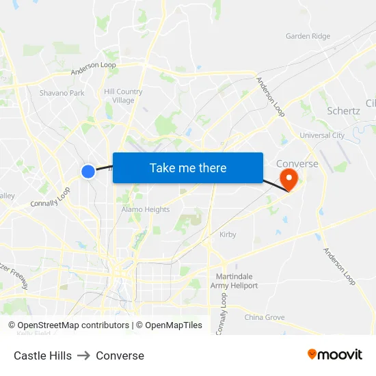 Castle Hills to Converse map