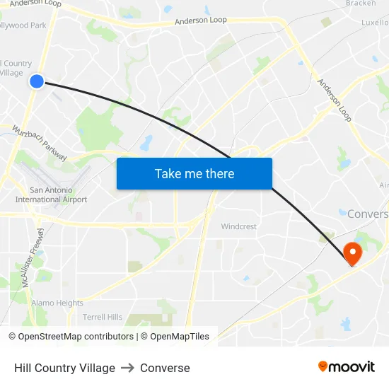 Hill Country Village to Converse map