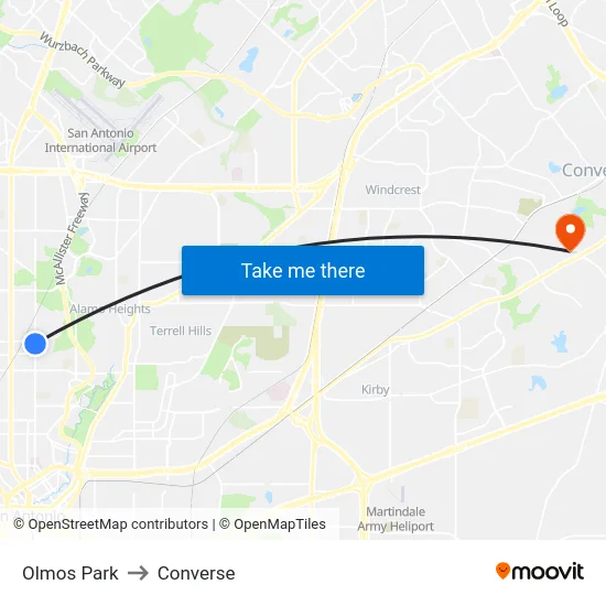 Olmos Park to Converse map