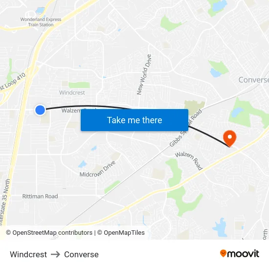 Windcrest to Converse map