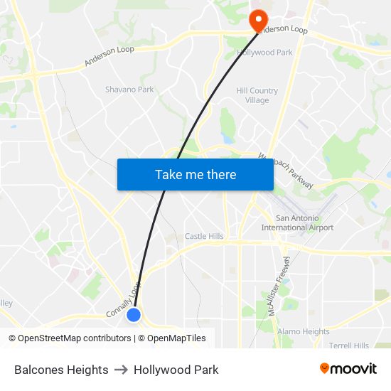 Balcones Heights to Hollywood Park map