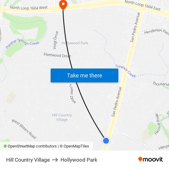 Hill Country Village to Hollywood Park map