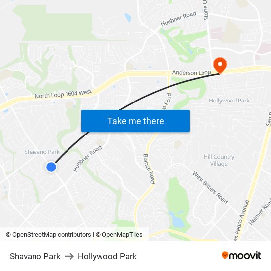 Shavano Park to Hollywood Park map