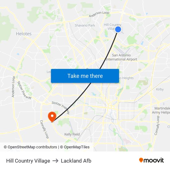 Hill Country Village to Lackland Afb map