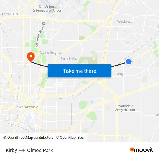 Kirby to Olmos Park map