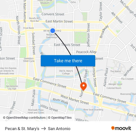 Pecan & St. Mary's to San Antonio map