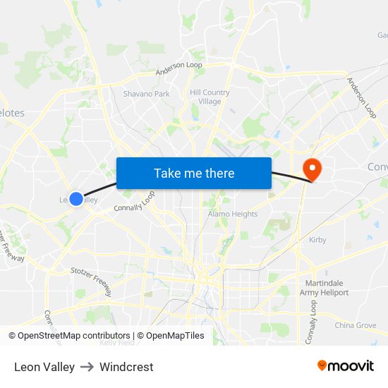 Leon Valley to Windcrest map