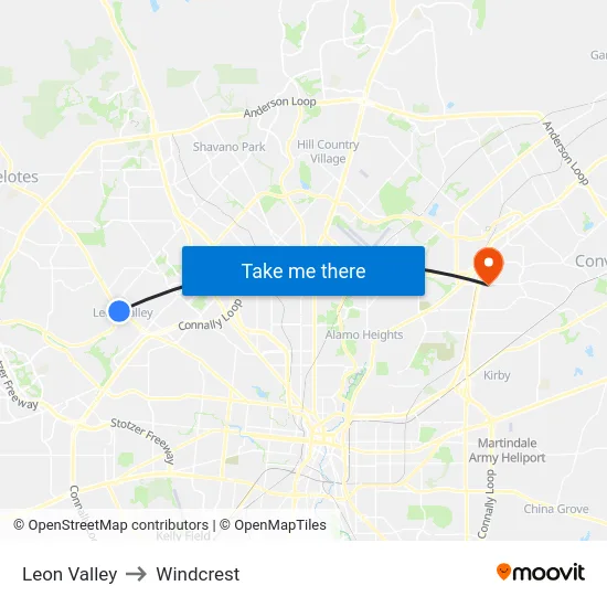 Leon Valley to Windcrest map