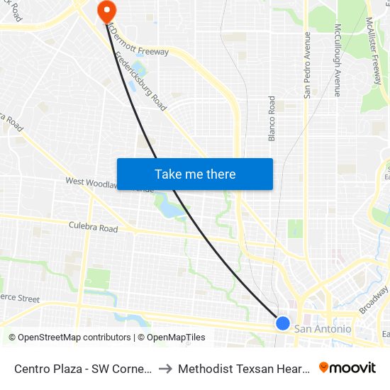 Centro Plaza - SW Corner (Stop A) to Methodist Texsan Heart Hospital map