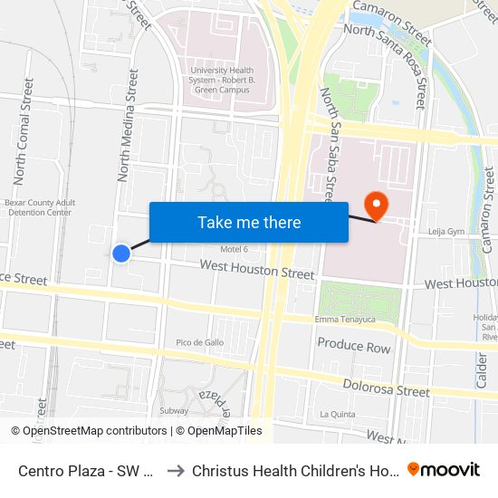 Centro Plaza - SW Corner (Stop A) to Christus Health Children's Hospital of San Antonio map