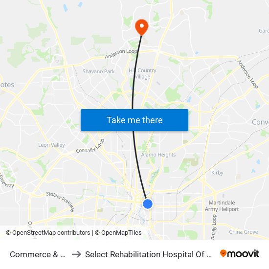 Commerce & Bowie to Select Rehabilitation Hospital Of San Antonio map