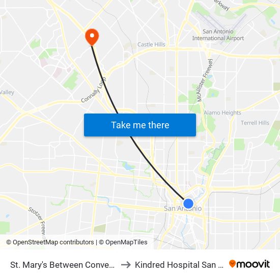 St. Mary's Between Convent & Mart to Kindred Hospital San Antonio map