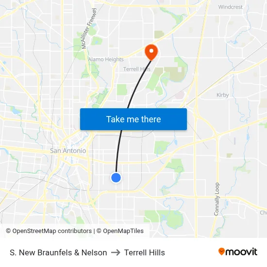 S. New Braunfels & Nelson to Terrell Hills map