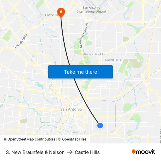 S. New Braunfels & Nelson to Castle Hills map