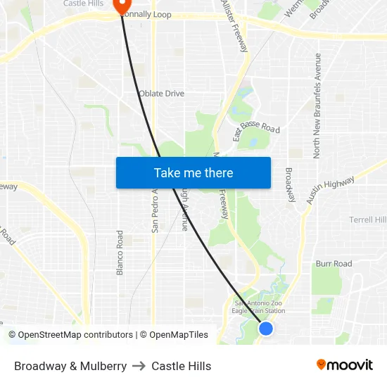 Broadway & Mulberry to Castle Hills map
