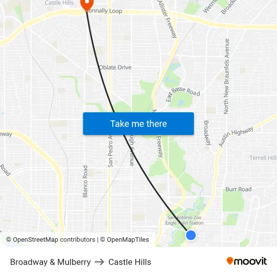 Broadway & Mulberry to Castle Hills map