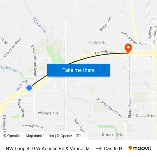 NW Loop 410 W Access Rd & Vance Jackson to Castle Hills map