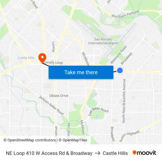 NE Loop 410 W Access Rd & Broadway to Castle Hills map
