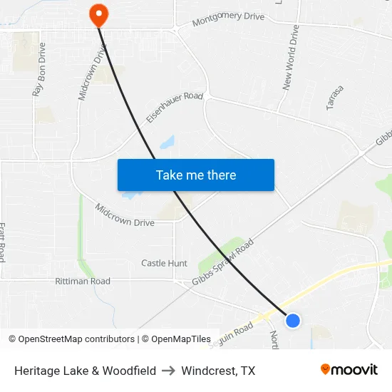 Heritage Lake & Woodfield to Windcrest, TX map