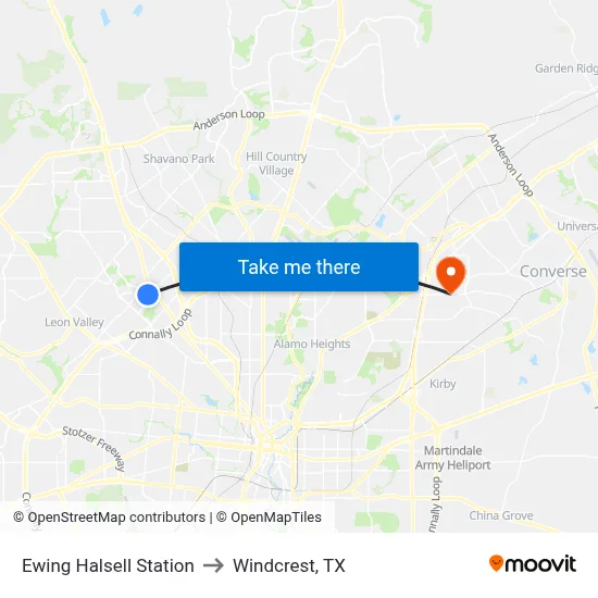 Ewing Halsell Station to Windcrest, TX map