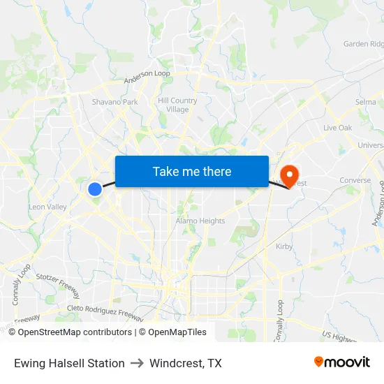 Ewing Halsell Station to Windcrest, TX map