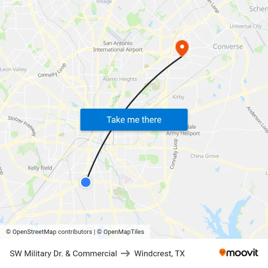 SW Military Dr. & Commercial to Windcrest, TX map