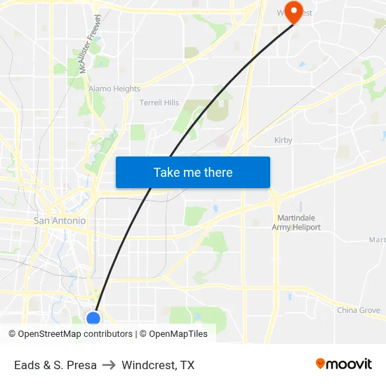 Eads & S. Presa to Windcrest, TX map