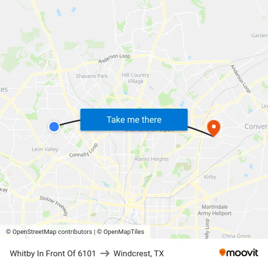 Whitby In Front Of 6101 to Windcrest, TX map