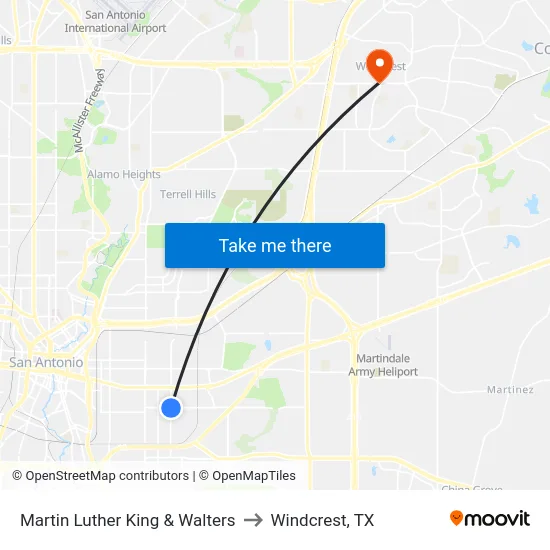 Martin Luther King & Walters to Windcrest, TX map