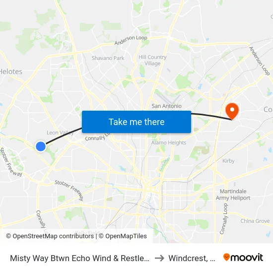 Misty Way Btwn Echo Wind & Restless to Windcrest, TX map