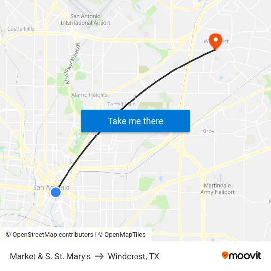 Market & S. St. Mary's to Windcrest, TX map
