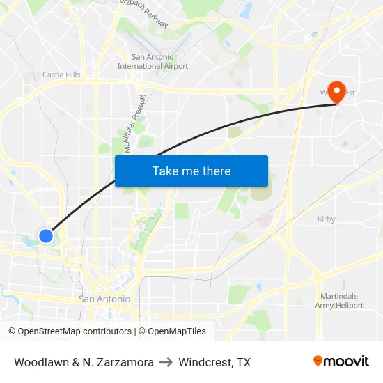 Woodlawn & N. Zarzamora to Windcrest, TX map