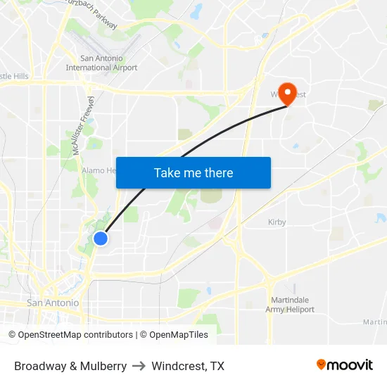 Broadway & Mulberry to Windcrest, TX map