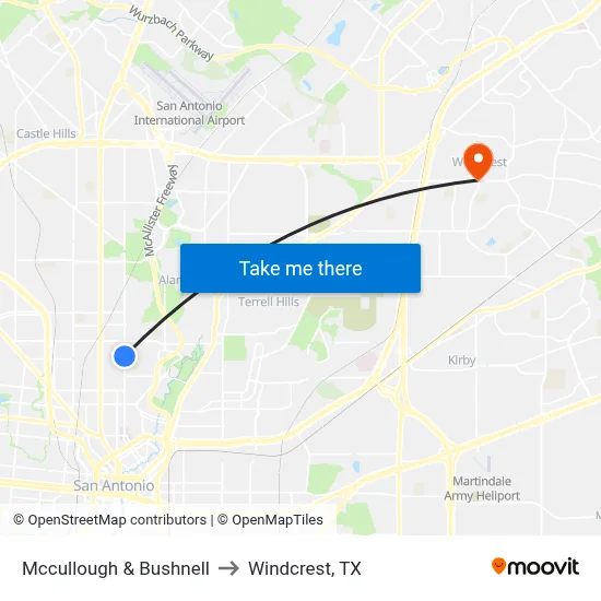 Mccullough & Bushnell to Windcrest, TX map
